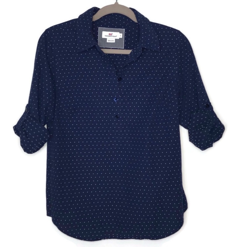 Vineyard Vines Navy Blue Swiss Dot Popover Blouse